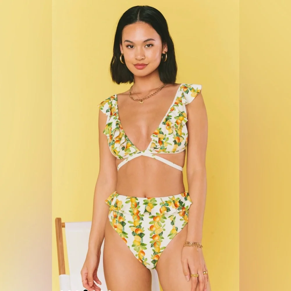 Show Me Your MuMu Yellow Lemon Print Ruffle Bikini Set - Picture 3 of 15
